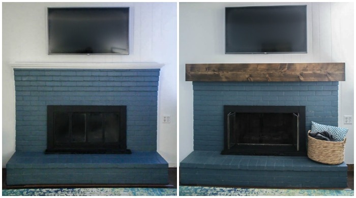 before and after of diy mantel.