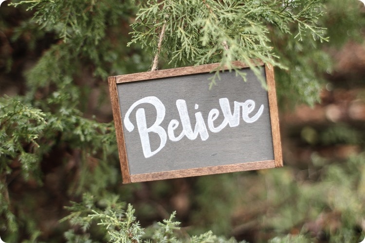 Handmade believe christmas ornament hanging on a Christmas tree.