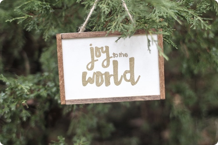 white and gold christmas ornament that says joy to the world hanging on a Christmas tree.