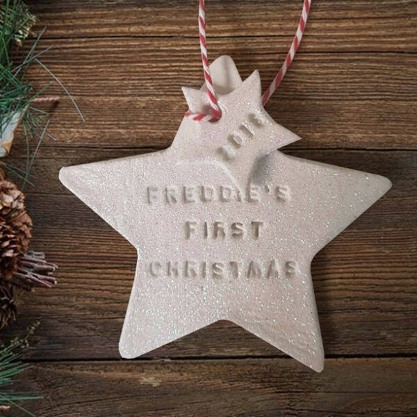silver baby's first christmas ornament personalized