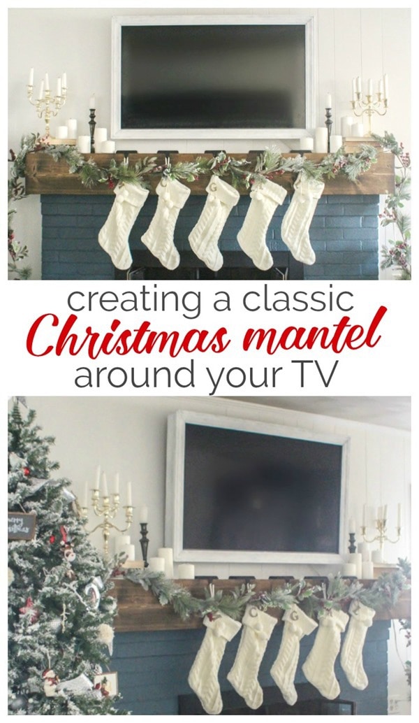 Christmas mantel decorated around TV over fireplace with text: Creating a classic Christmas mantel around your TV.