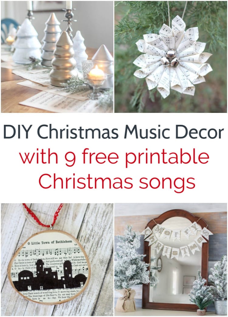 collage of diy Christmas decor made from Christmas sheet music