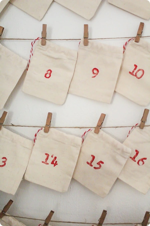 stamped bags on diy reusable advent calendar.