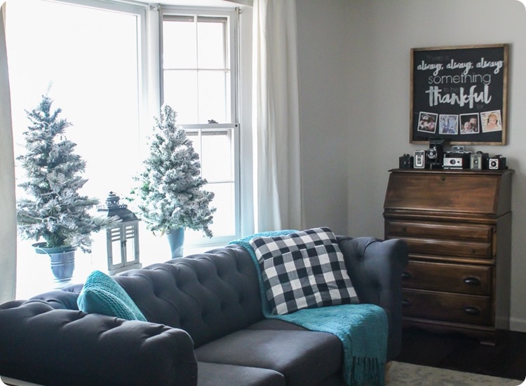 mini flocked Christmas trees behind couch in bay window.