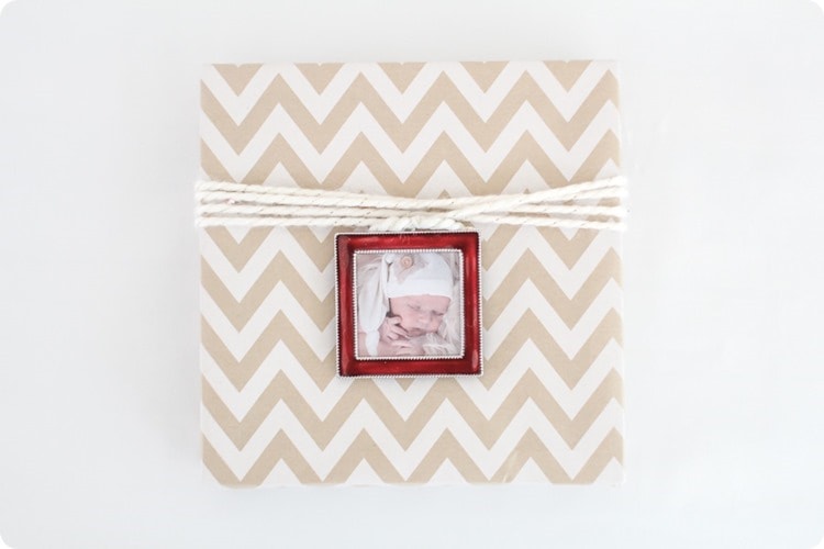 wrapped gift with framed photo ornament attached.