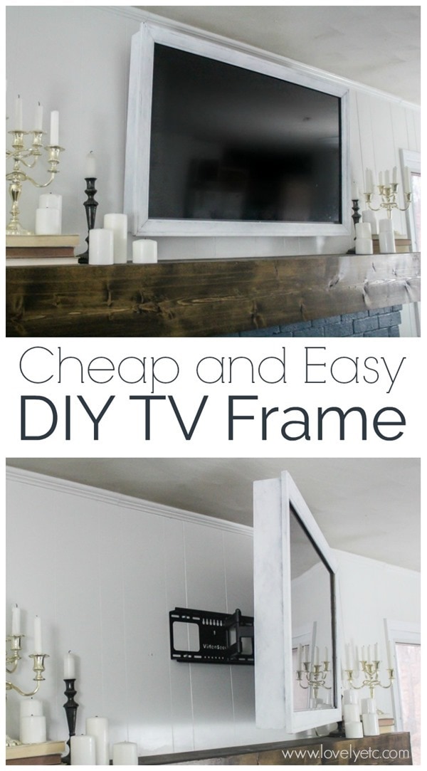 cheap and easy DIY TV frame shown hung over fireplace.