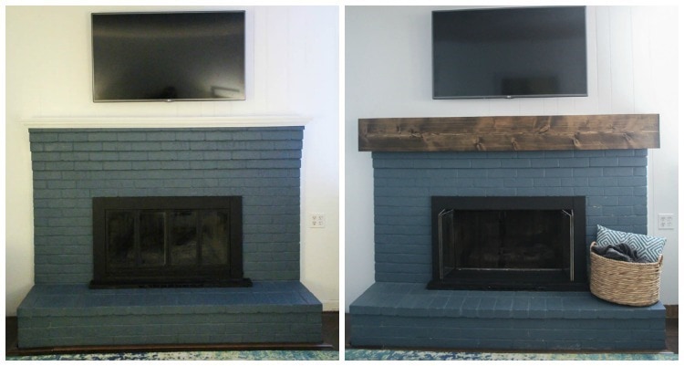 chunky rustic fireplace mantel before and after