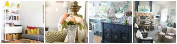 Collage showing spring decor in various home settings including a kitchen and living room.