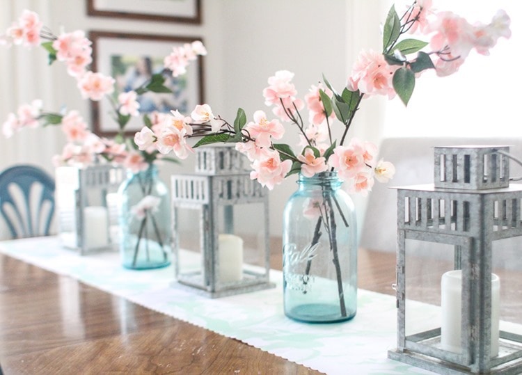 easy spring table decor cherry branches in mason jar