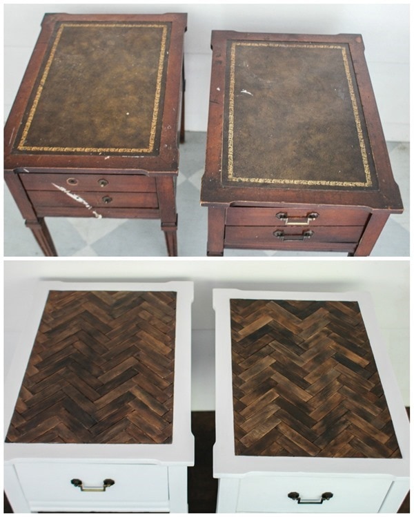 End table makeover with herringbone table tops. These gorgeous table tops are actually made with paint sticks! 