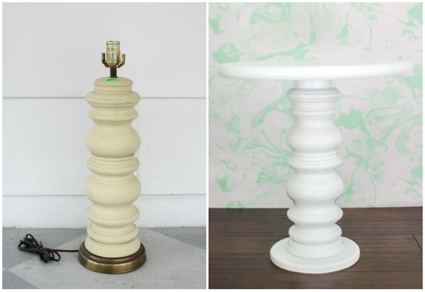 before and after of old lamp repurposed as a table