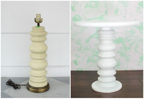 before and after of old lamp repurposed as a table
