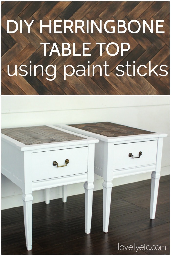 How to make a diy wood herringbone table top using inexpensive paint sticks pin image with text overlay. 