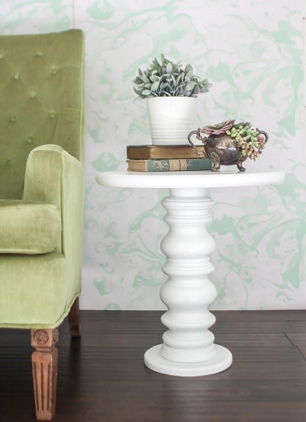 DIY side table in white shown in living room