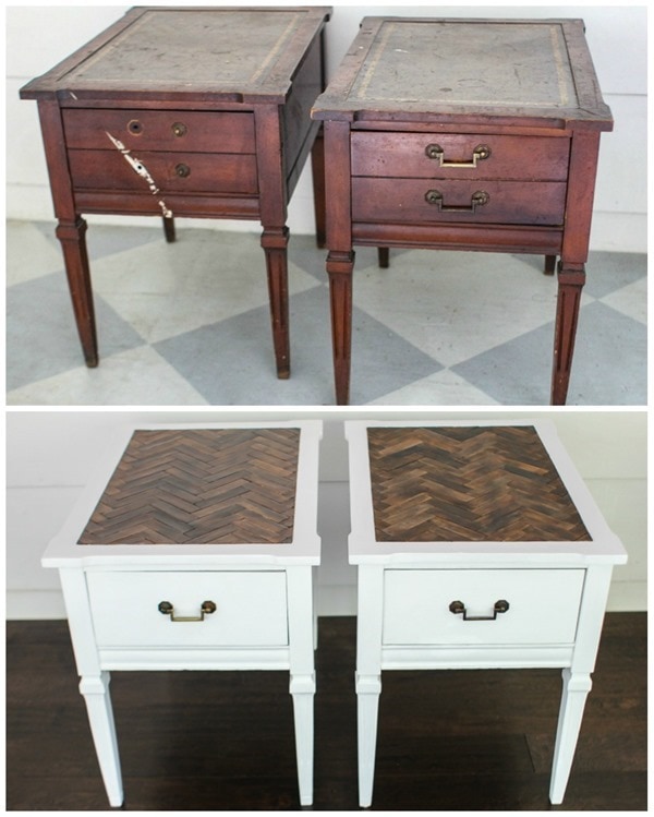 Beautiful herringbone table tops. These gorgeous herringbone tables were actually made using paint sticks. So inexpensive and easy.