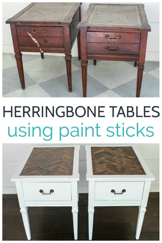 Herringbone tables made with paint stirrers. Step by step tutorial for creating beautiful herringbone table tops using simple paint sticks. before and after DIY Herringbone tables made with paint stirrers pin collage with text overlay.
