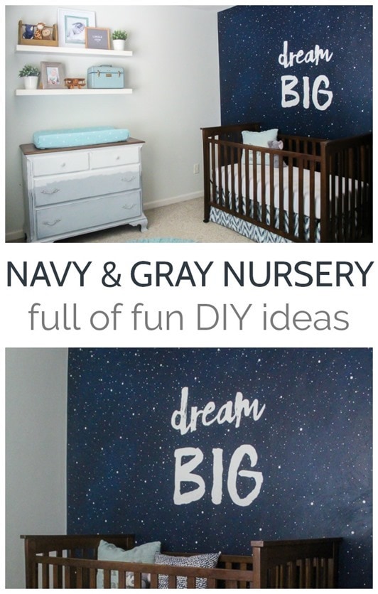 Navy and gray nursery full of unique DIY ideas including a star mural, painted dresser, and DIY art. Perfect as a boy nursery or for a gender neutral nursery.