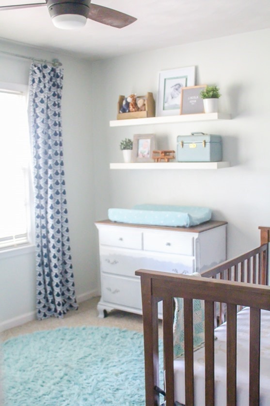 Navy, mint, and gray nursery full of DIY ideas.