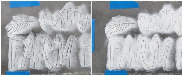 Stenciling on wood or metal with white paint stenciling with several very thin layers of paint.