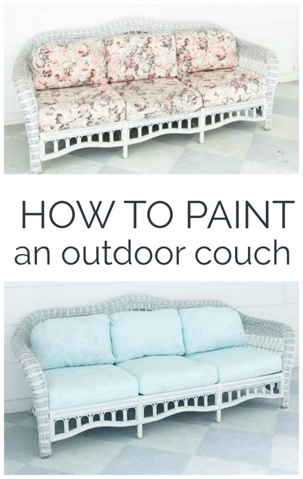 before and after of outdoor couch with painted cushions