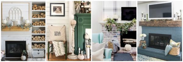 Collage showing fireplaces in four different living rooms.