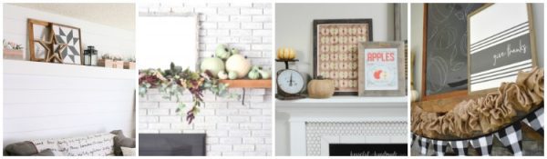 Collage showing 4 different fireplaces decorated for fall.