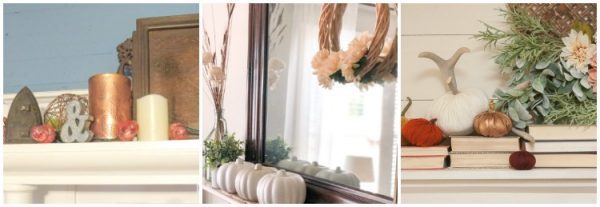 White pumpkins on a fall mantle with a wreath and foliage in a vase.