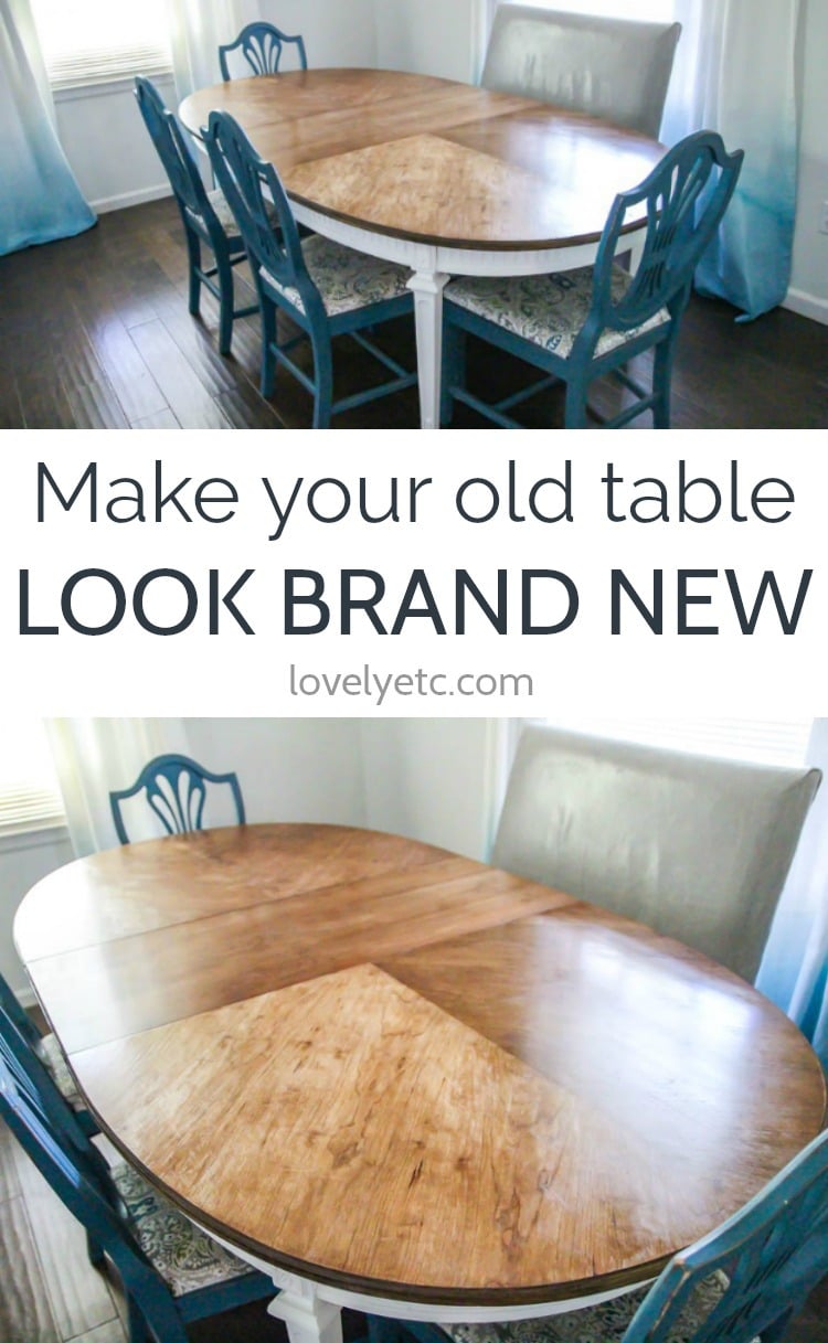 collage with 2 photos of refinished dining room table with text.