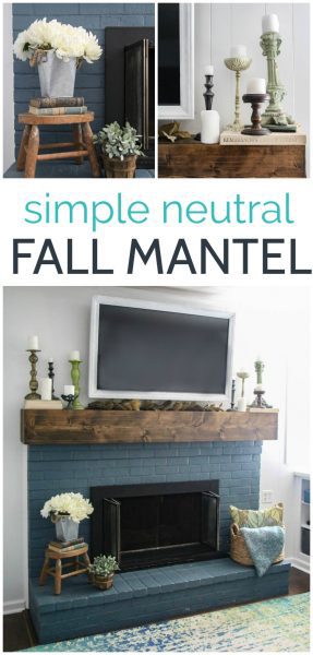 This simple neutral fall mantel is easy to put together without buying a single thing. Plus that gorgeous chunky mantel and blue painted brick were inexpensive DIY projects with step by step instructions.