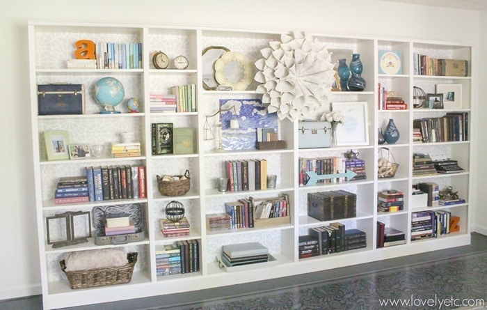 billy bookcases with stenciled backs