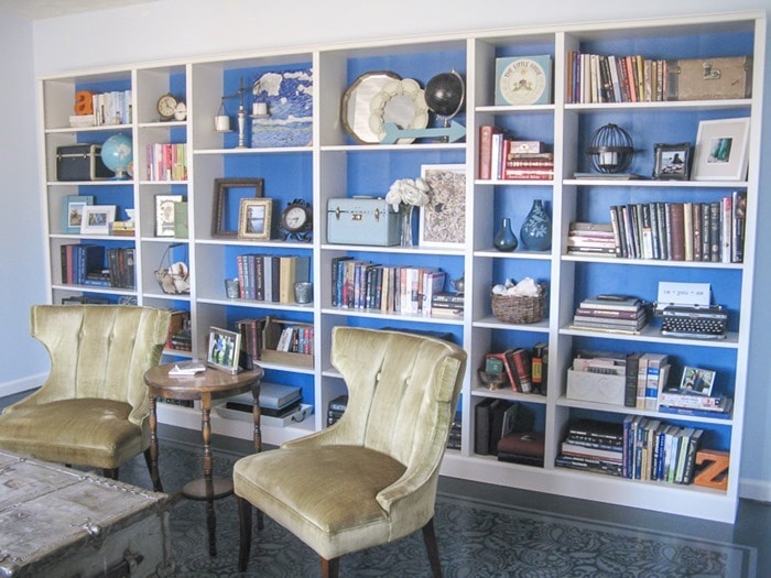 billy bookcases with blue backing