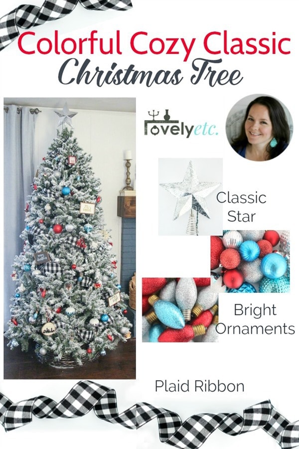 collage of decorated tree, classic silver Christmas star, red and turquoise sparkly ornaments, and buffalo plaid ribbon.