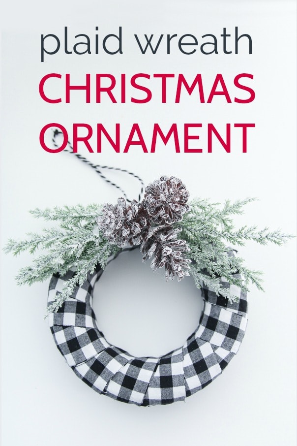 DIY buffalo plaid Christmas ornament on white background.