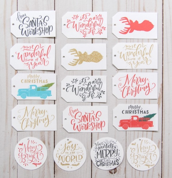 Free printable gift tags including favorite Christmas phrases, reindeer, and vintage trucks.