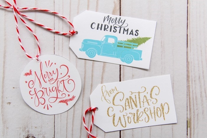 printable Christmas gift tags - vintage aqua truck with christmas tree tag, red merry and bright tag, and gold from Santa's workshop tag.