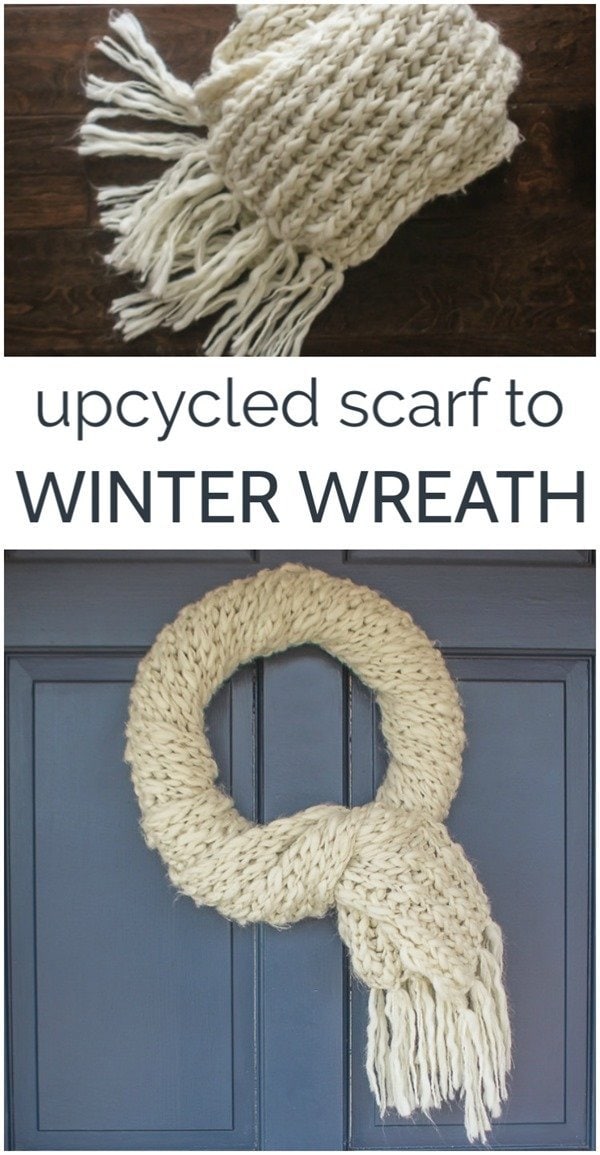 This cute DIY winter wreath only takes five minutes to make! It is quick and easy and a great way to upcycle an old scarf.