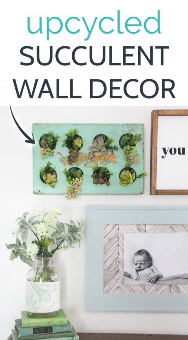 Create gorgeous succulent wall decor from a thrifted tray or muffin tin. This cute hanging garden of faux succulents is the perfect wall art for any indoor or outdoor space.