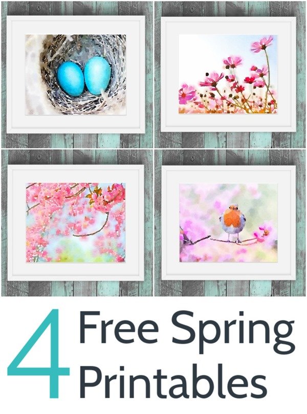 Freshen your home for spring with this colorful set of free spring art. These free watercolor printables include beautiful flowers, eggs in a nest, and the cutest little bird. 4 spring printables collage with text