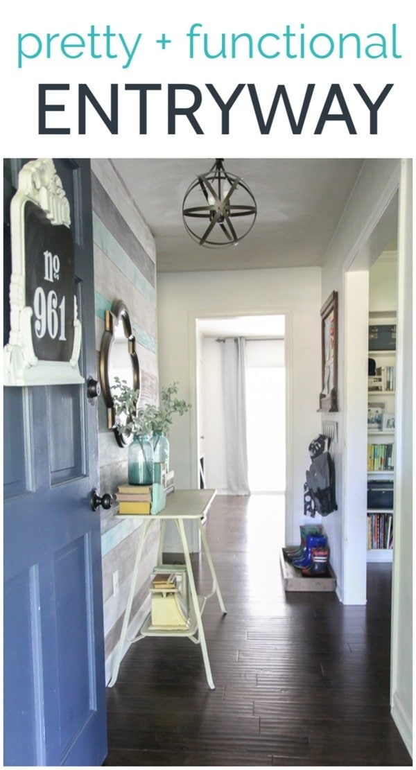 A small entryway that is both pretty and functional. With DIY shoes storage, backpack organization, and a kids art display as well as a wood wall and upcycled lighting, this room is full of inexpensive DIY ideas to create a space that works for an active family.