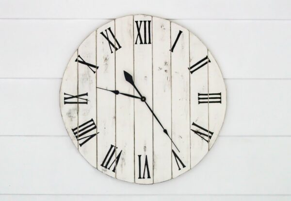 Finished DIY wooden clock with numbers transferred using simple pencil transfer.