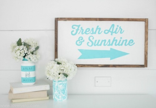 DIY wood sign that says Fresh Air and Sunshine.