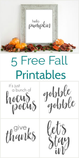 Five free fall printables. These simple neutral black and white fall printables will compliment your fall decor perfectly whether you like lots of traditional colors of prefer neutral fall decor. Includes five free printables: Hello pumpkin, gobble gobble, it's just a bunch of hocus pocus, give thanks, and let's stay in. Halloween printables, thanksgiving printables, plus a few printables for the entire fall.