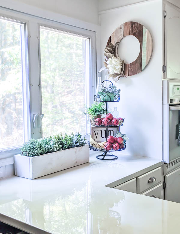 Close up of white painted laminate countertops