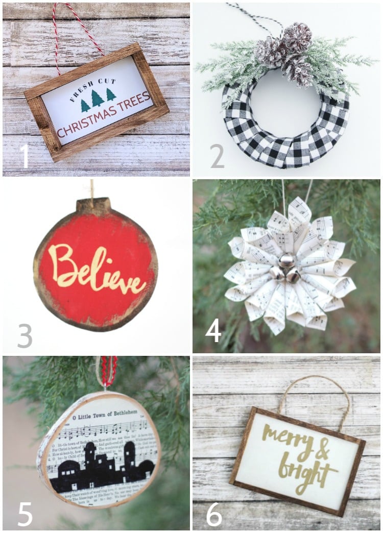 collage of DIY ornaments including a mini farmhouse sign ornament, a buffalo plaid wreath ornament, a rustic wood ornament with gold writing, a Christmas music wreath ornament, O Little Town of Bethlehem ornament, mini merry and bright farmhouse ornament.