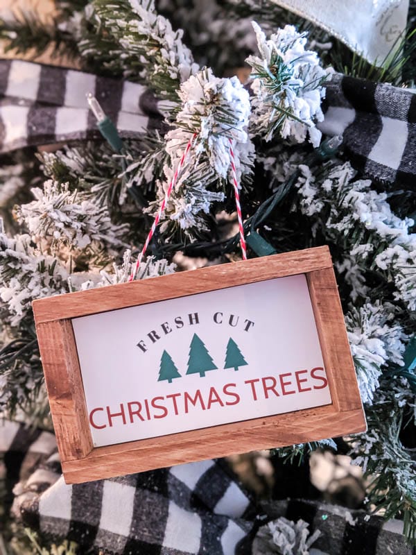 DIY wood sign Christmas ornament that says fresh cut Christmas trees.