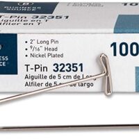 Business Source 32351 T-Pins, 9/16 in. Head Width, 2 in. Length, 100/BX, Silver