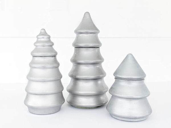 Upcycle inexpensive glass Christmas trees into Christmas decor using simple silver paint.