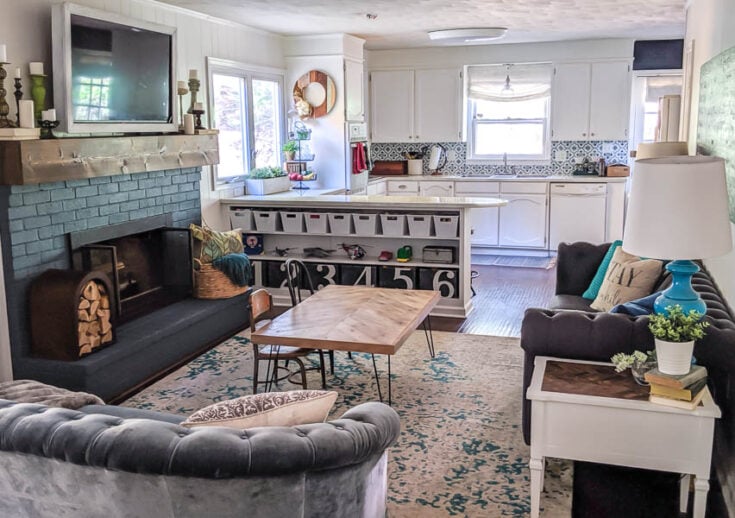 blue and white family room and kitchen