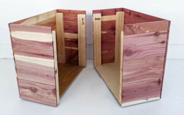 wood storage cubes split in half to fit in small spaces