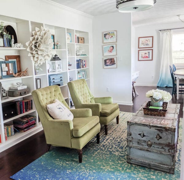 living room with built in billy bookcases